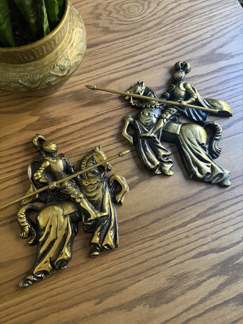 Vintage Cast Brass Knights Medieval Jousting Wall Hanging Plaque Set of 2 Japan